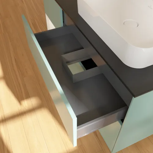 Bild von VILLEROY BOCH Finion Waschbeckenunterschrank, mit Beleuchtung, 3 Auszüge, 1200 x 603 x 501 mm, Olive Matt Lacquer / White Matt Lacquer / Glass Black Matt #F392MTGM