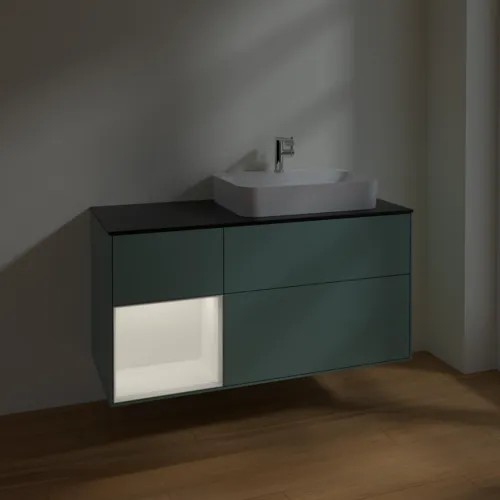 Bild von VILLEROY BOCH Finion Waschbeckenunterschrank, mit Beleuchtung, 3 Auszüge, 1200 x 603 x 501 mm, Olive Matt Lacquer / White Matt Lacquer / Glass Black Matt #F392MTGM