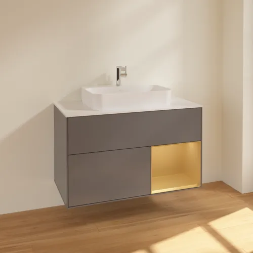 Bild von VILLEROY BOCH Finion Waschbeckenunterschrank, mit Beleuchtung, 2 Auszüge, 1000 x 603 x 501 mm, Anthracite Matt Lacquer / Gold Matt Lacquer / Glass White Matt #F371HFGK