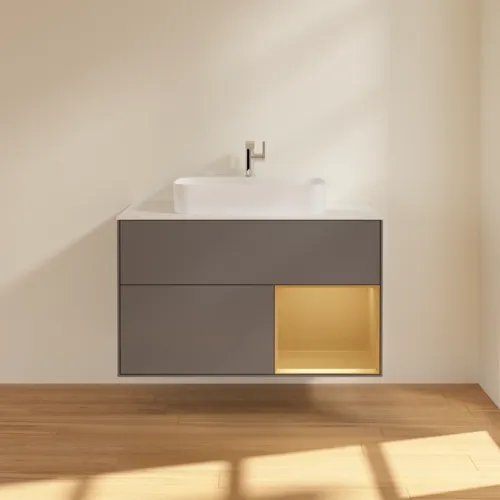 Bild von VILLEROY BOCH Finion Waschbeckenunterschrank, mit Beleuchtung, 2 Auszüge, 1000 x 603 x 501 mm, Anthracite Matt Lacquer / Gold Matt Lacquer / Glass White Matt #F371HFGK