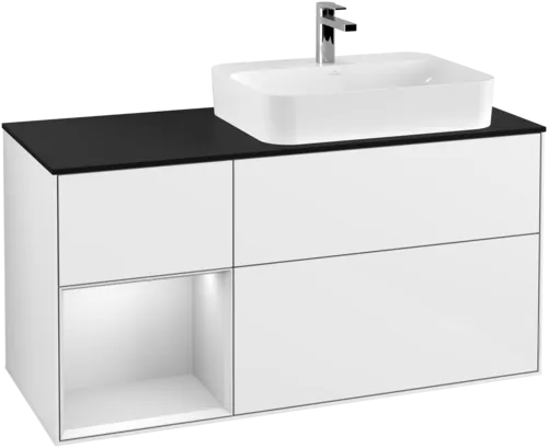 VILLEROY BOCH Finion Vanity unit, with lighting, 3 pull-out compartments, 1200 x 603 x 501 mm, Glossy White Lacquer / White Matt Lacquer / Glass Black Matt #F392MTGF resmi
