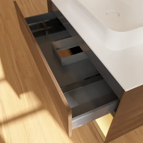 Bild von VILLEROY BOCH Finion Waschbeckenunterschrank, mit Beleuchtung, 2 Auszüge, 1000 x 603 x 501 mm, Walnut Veneer / Gold Matt Lacquer / Glass White Matt #F371HFGN