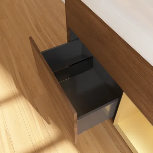 Bild von VILLEROY BOCH Finion Waschbeckenunterschrank, mit Beleuchtung, 2 Auszüge, 1000 x 603 x 501 mm, Walnut Veneer / Gold Matt Lacquer / Glass White Matt #F371HFGN