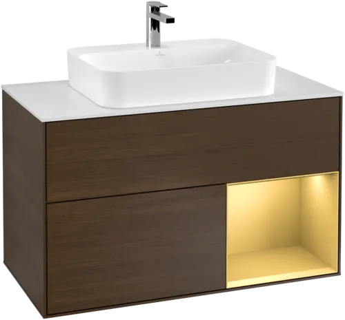 Obrázek VILLEROY BOCH Toaletní stolek Finion, s osvětlením, 2 výsuvy, 1000 x 603 x 501 mm, ořechová dýha / zlatý matný lak / sklo bílé matné #F371HFGN