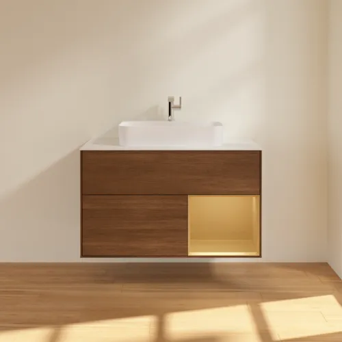 Bild von VILLEROY BOCH Finion Waschbeckenunterschrank, mit Beleuchtung, 2 Auszüge, 1000 x 603 x 501 mm, Walnut Veneer / Gold Matt Lacquer / Glass White Matt #F371HFGN