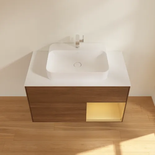 Bild von VILLEROY BOCH Finion Waschbeckenunterschrank, mit Beleuchtung, 2 Auszüge, 1000 x 603 x 501 mm, Walnut Veneer / Gold Matt Lacquer / Glass White Matt #F371HFGN