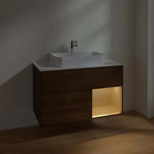 Bild von VILLEROY BOCH Finion Waschbeckenunterschrank, mit Beleuchtung, 2 Auszüge, 1000 x 603 x 501 mm, Walnut Veneer / Gold Matt Lacquer / Glass White Matt #F371HFGN