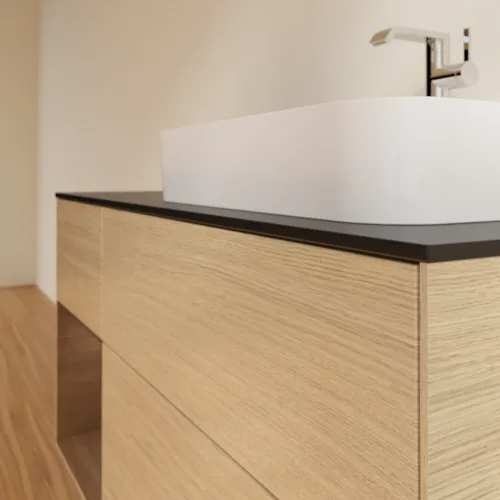 Bild von VILLEROY BOCH Finion Waschbeckenunterschrank, mit Beleuchtung, 3 Auszüge, 1200 x 603 x 501 mm, Oak Veneer / Walnut Veneer / Glass Black Matt #F392GNPC