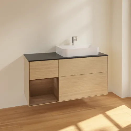 Bild von VILLEROY BOCH Finion Waschbeckenunterschrank, mit Beleuchtung, 3 Auszüge, 1200 x 603 x 501 mm, Oak Veneer / Walnut Veneer / Glass Black Matt #F392GNPC