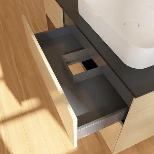 Bild von VILLEROY BOCH Finion Waschbeckenunterschrank, mit Beleuchtung, 3 Auszüge, 1200 x 603 x 501 mm, Oak Veneer / Walnut Veneer / Glass Black Matt #F392GNPC