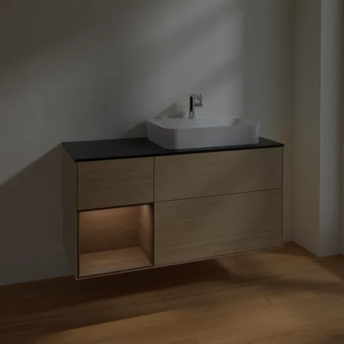 Bild von VILLEROY BOCH Finion Waschbeckenunterschrank, mit Beleuchtung, 3 Auszüge, 1200 x 603 x 501 mm, Oak Veneer / Walnut Veneer / Glass Black Matt #F392GNPC
