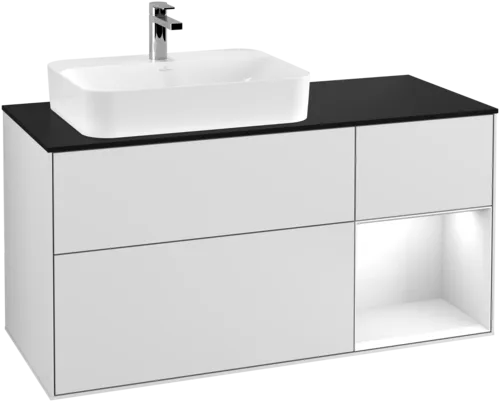 Obrázek VILLEROY BOCH Toaletní skříňka Finion, s osvětlením, 3 výsuvy, 1200 x 603 x 501 mm, bílý matný lak / bílý lesklý lak / černé matné sklo #F402GFMT