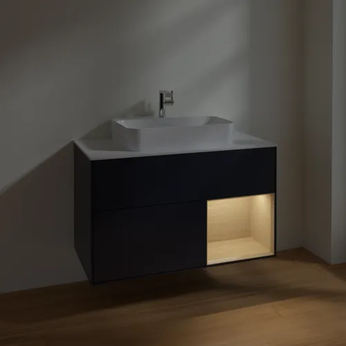 VILLEROY BOCH Finion Waschbeckenunterschrank, mit Beleuchtung, 2 Auszüge, 1000 x 603 x 501 mm, Midnight Blue Matt Lacquer / Oak Veneer / Glass White Matt #F371PCHG, Bild 5