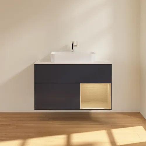 VILLEROY BOCH Finion Waschbeckenunterschrank, mit Beleuchtung, 2 Auszüge, 1000 x 603 x 501 mm, Midnight Blue Matt Lacquer / Oak Veneer / Glass White Matt #F371PCHG, Bild 3