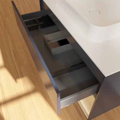 VILLEROY BOCH Finion Waschbeckenunterschrank, mit Beleuchtung, 2 Auszüge, 1000 x 603 x 501 mm, Midnight Blue Matt Lacquer / Oak Veneer / Glass White Matt #F371PCHG, Bild 8