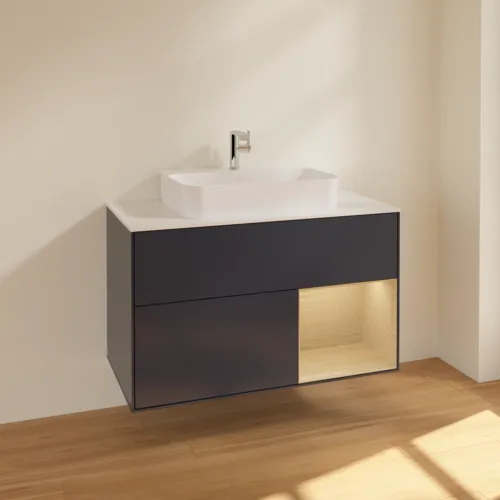 VILLEROY BOCH Finion Waschbeckenunterschrank, mit Beleuchtung, 2 Auszüge, 1000 x 603 x 501 mm, Midnight Blue Matt Lacquer / Oak Veneer / Glass White Matt #F371PCHG, Bild 2