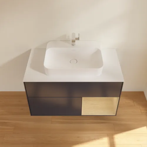 VILLEROY BOCH Finion Waschbeckenunterschrank, mit Beleuchtung, 2 Auszüge, 1000 x 603 x 501 mm, Midnight Blue Matt Lacquer / Oak Veneer / Glass White Matt #F371PCHG, Bild 4
