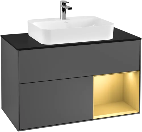 Obrázek VILLEROY BOCH Toaletní skříňka Finion, s osvětlením, 2 výsuvy, 1000 x 603 x 501 mm, antracit matný lak / zlatý matný lak / černé matné sklo #F372HFGK