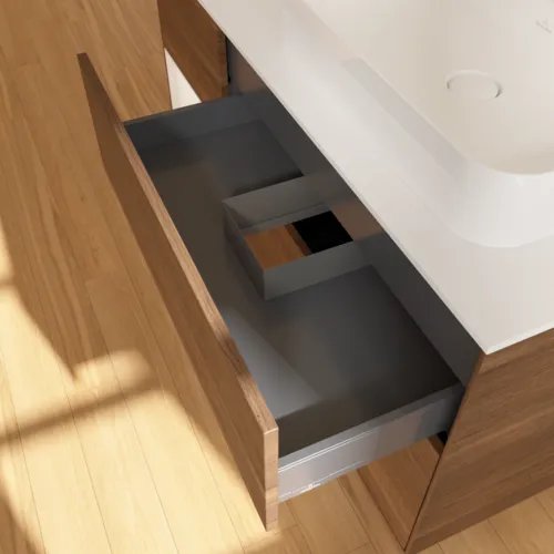 Bild von VILLEROY BOCH Finion Waschbeckenunterschrank, mit Beleuchtung, 3 Auszüge, 1200 x 603 x 501 mm, Walnut Veneer / White Matt Lacquer / Glass White Matt #F391MTGN