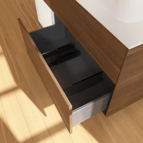 Bild von VILLEROY BOCH Finion Waschbeckenunterschrank, mit Beleuchtung, 3 Auszüge, 1200 x 603 x 501 mm, Walnut Veneer / White Matt Lacquer / Glass White Matt #F391MTGN