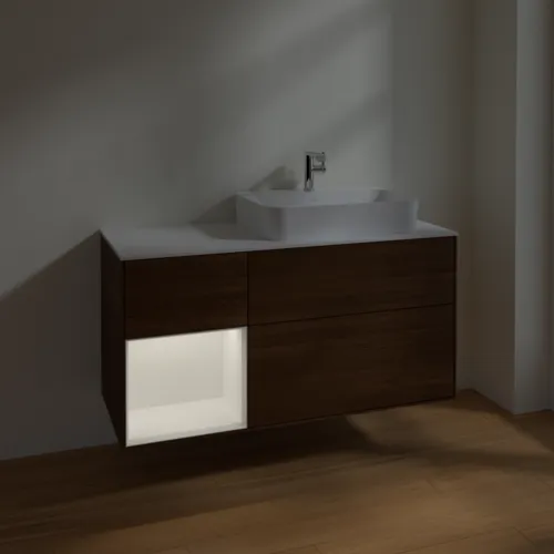 Bild von VILLEROY BOCH Finion Waschbeckenunterschrank, mit Beleuchtung, 3 Auszüge, 1200 x 603 x 501 mm, Walnut Veneer / White Matt Lacquer / Glass White Matt #F391MTGN