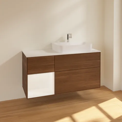 Bild von VILLEROY BOCH Finion Waschbeckenunterschrank, mit Beleuchtung, 3 Auszüge, 1200 x 603 x 501 mm, Walnut Veneer / White Matt Lacquer / Glass White Matt #F391MTGN