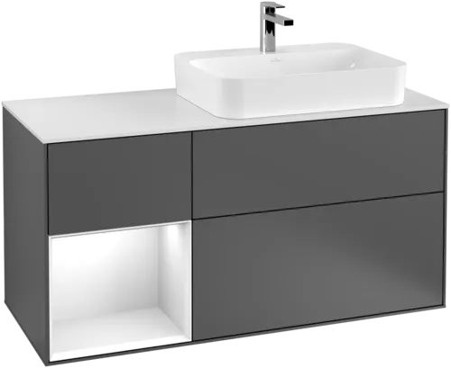 Obrázek VILLEROY BOCH Toaletní skříňka Finion, s osvětlením, 3 výsuvy, 1200 x 603 x 501 mm, antracitový matný lak / bílý matný lak / bílé matné sklo #F391MTGK