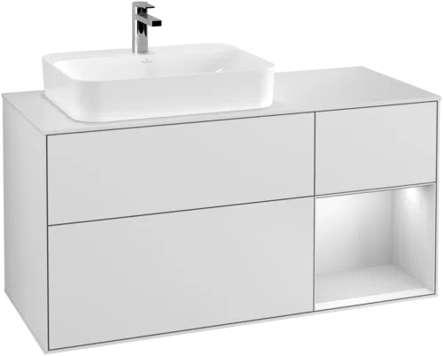 Obrázek VILLEROY BOCH Toaletní skříňka Finion, s osvětlením, 3 výsuvy, 1200 x 603 x 501 mm, bílý matný lak / bílý matný lak / sklo bílé matné #F401MTMT