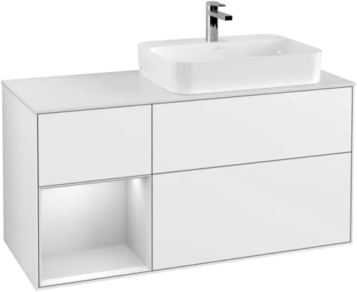 Obrázek VILLEROY BOCH Toaletní skříňka Finion, s osvětlením, 3 výsuvy, 1200 x 603 x 501 mm, lesklý bílý lak / bílý matný lak / bílé matné sklo #F391MTGF