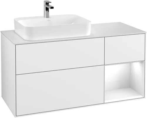 Obrázek VILLEROY BOCH Toaletní skříňka Finion, s osvětlením, 3 výsuvy, 1200 x 603 x 501 mm, lesklý bílý lak / lesklý bílý lak / sklo bílé matné #F401GFGF