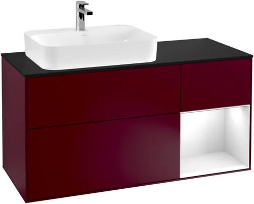 Obrázek VILLEROY BOCH Toaletní skříňka Finion, s osvětlením, 3 výsuvy, 1200 x 603 x 501 mm, matný lak Peony / lesklý bílý lak / černé matné sklo #F402GFHB