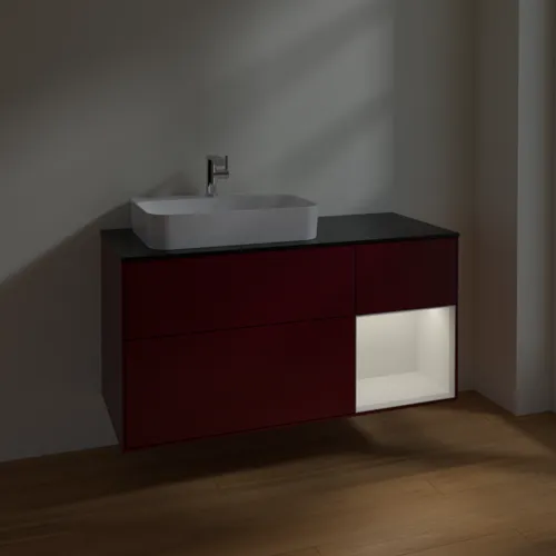VILLEROY BOCH Finion Waschbeckenunterschrank, mit Beleuchtung, 3 Auszüge, 1200 x 603 x 501 mm, Peony Matt Lacquer / Glossy White Lacquer / Glass Black Matt #F402GFHB, Bild 5