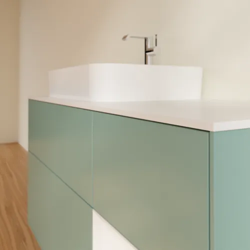 Bild von VILLEROY BOCH Finion Waschbeckenunterschrank, mit Beleuchtung, 3 Auszüge, 1200 x 603 x 501 mm, Olive Matt Lacquer / Glossy White Lacquer / Glass White Matt #F401GFGM