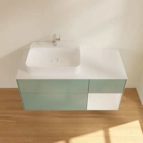 Bild von VILLEROY BOCH Finion Waschbeckenunterschrank, mit Beleuchtung, 3 Auszüge, 1200 x 603 x 501 mm, Olive Matt Lacquer / Glossy White Lacquer / Glass White Matt #F401GFGM