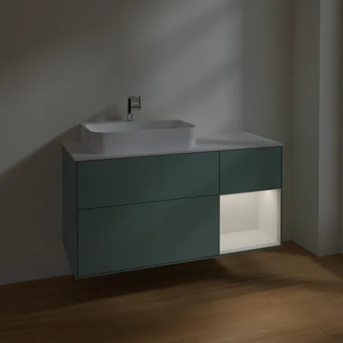Bild von VILLEROY BOCH Finion Waschbeckenunterschrank, mit Beleuchtung, 3 Auszüge, 1200 x 603 x 501 mm, Olive Matt Lacquer / Glossy White Lacquer / Glass White Matt #F401GFGM