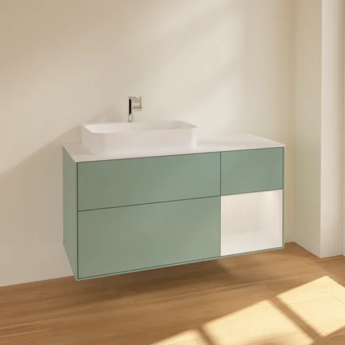 Bild von VILLEROY BOCH Finion Waschbeckenunterschrank, mit Beleuchtung, 3 Auszüge, 1200 x 603 x 501 mm, Olive Matt Lacquer / Glossy White Lacquer / Glass White Matt #F401GFGM