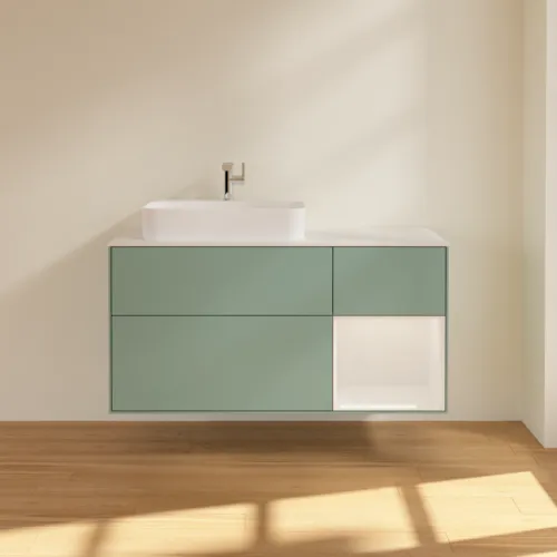 Bild von VILLEROY BOCH Finion Waschbeckenunterschrank, mit Beleuchtung, 3 Auszüge, 1200 x 603 x 501 mm, Olive Matt Lacquer / Glossy White Lacquer / Glass White Matt #F401GFGM
