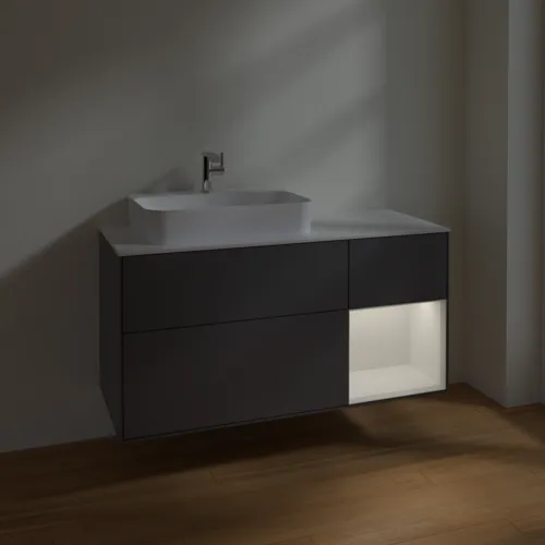 Obrázek VILLEROY BOCH Toaletní skříňka Finion, s osvětlením, 3 výsuvy, 1200 x 603 x 501 mm, antracit matný lak / lesklý bílý lak / sklo bílé matné #F401GFGK
