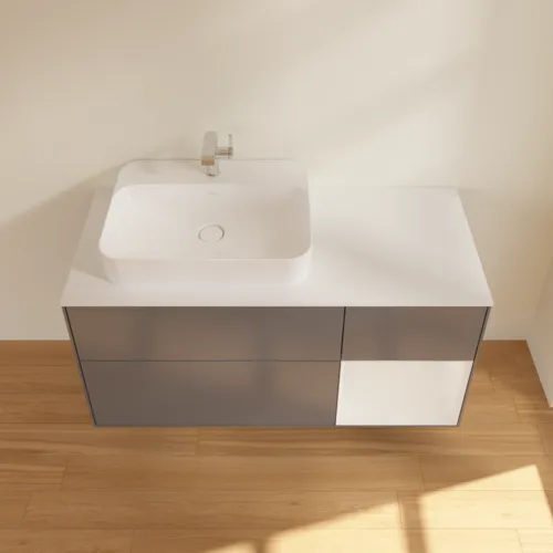 Obrázek VILLEROY BOCH Toaletní skříňka Finion, s osvětlením, 3 výsuvy, 1200 x 603 x 501 mm, antracit matný lak / lesklý bílý lak / sklo bílé matné #F401GFGK
