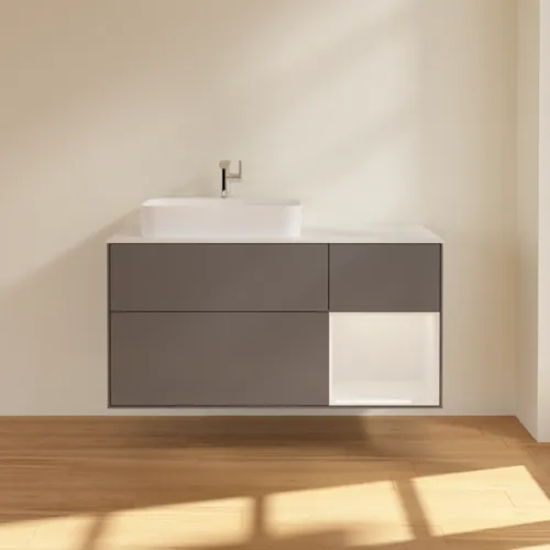 Obrázek VILLEROY BOCH Toaletní skříňka Finion, s osvětlením, 3 výsuvy, 1200 x 603 x 501 mm, antracit matný lak / lesklý bílý lak / sklo bílé matné #F401GFGK