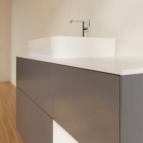Obrázek VILLEROY BOCH Toaletní skříňka Finion, s osvětlením, 3 výsuvy, 1200 x 603 x 501 mm, antracit matný lak / lesklý bílý lak / sklo bílé matné #F401GFGK