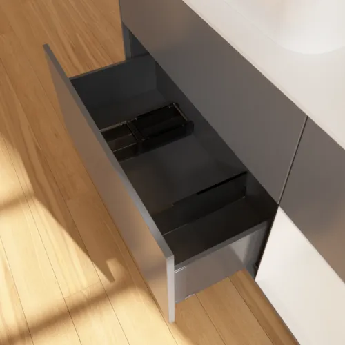 Obrázek VILLEROY BOCH Toaletní skříňka Finion, s osvětlením, 3 výsuvy, 1200 x 603 x 501 mm, antracit matný lak / lesklý bílý lak / sklo bílé matné #F401GFGK