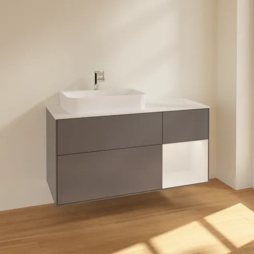 Obrázek VILLEROY BOCH Toaletní skříňka Finion, s osvětlením, 3 výsuvy, 1200 x 603 x 501 mm, antracit matný lak / lesklý bílý lak / sklo bílé matné #F401GFGK