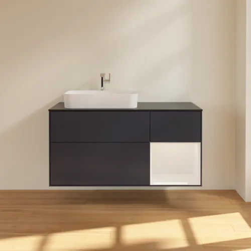 Bild von VILLEROY BOCH Finion Waschbeckenunterschrank, mit Beleuchtung, 3 Auszüge, 1200 x 603 x 501 mm, Midnight Blue Matt Lacquer / Glossy White Lacquer / Glass Black Matt #F402GFHG