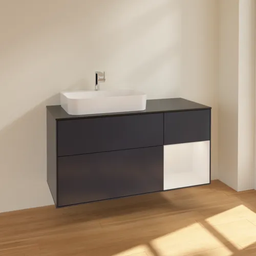 Bild von VILLEROY BOCH Finion Waschbeckenunterschrank, mit Beleuchtung, 3 Auszüge, 1200 x 603 x 501 mm, Midnight Blue Matt Lacquer / Glossy White Lacquer / Glass Black Matt #F402GFHG