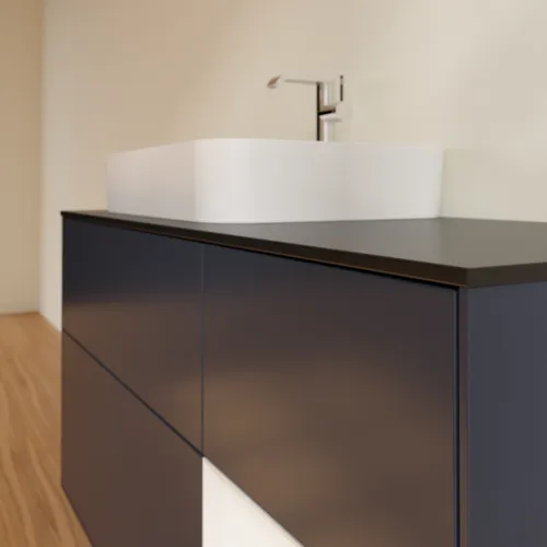 Bild von VILLEROY BOCH Finion Waschbeckenunterschrank, mit Beleuchtung, 3 Auszüge, 1200 x 603 x 501 mm, Midnight Blue Matt Lacquer / Glossy White Lacquer / Glass Black Matt #F402GFHG