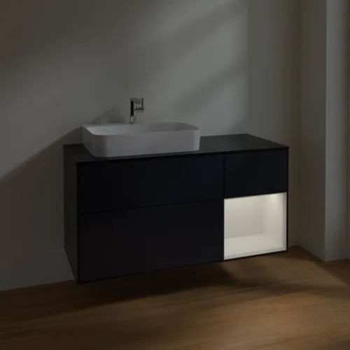 Bild von VILLEROY BOCH Finion Waschbeckenunterschrank, mit Beleuchtung, 3 Auszüge, 1200 x 603 x 501 mm, Midnight Blue Matt Lacquer / Glossy White Lacquer / Glass Black Matt #F402GFHG