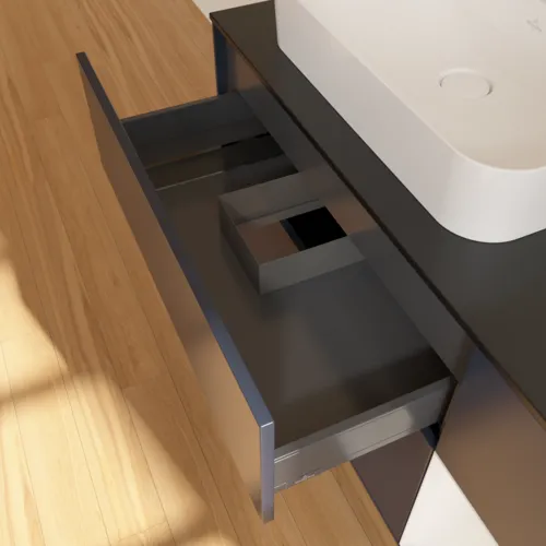 Bild von VILLEROY BOCH Finion Waschbeckenunterschrank, mit Beleuchtung, 3 Auszüge, 1200 x 603 x 501 mm, Midnight Blue Matt Lacquer / Glossy White Lacquer / Glass Black Matt #F402GFHG