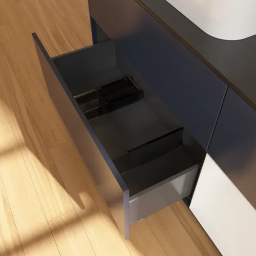Bild von VILLEROY BOCH Finion Waschbeckenunterschrank, mit Beleuchtung, 3 Auszüge, 1200 x 603 x 501 mm, Midnight Blue Matt Lacquer / Glossy White Lacquer / Glass Black Matt #F402GFHG