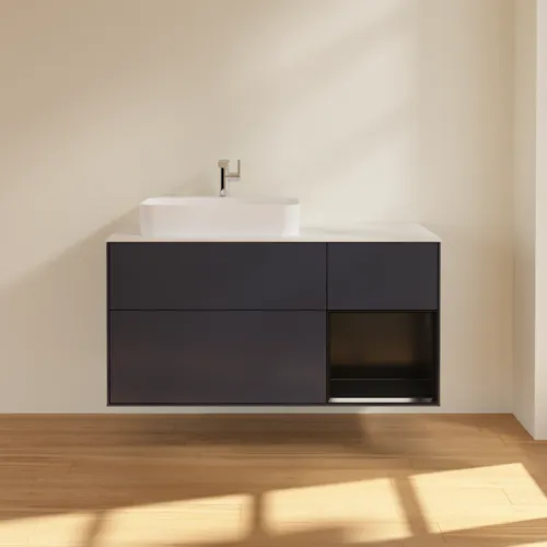 VILLEROY BOCH Finion Waschbeckenunterschrank, mit Beleuchtung, 3 Auszüge, 1200 x 603 x 501 mm, Midnight Blue Matt Lacquer / Black Matt Lacquer / Glass White Matt #F401PDHG, Bild 3